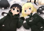  2girls absurdres blonde_hair blue_eyes chito_(shoujo_shuumatsu_ryokou) eye_contact greek_cross green_vest highres holding_hands looking_at_another lying military moemoe_minamon multiple_girls shoujo_shuumatsu_ryokou snow staring vest yuri yuuri_(shoujo_shuumatsu_ryokou) 