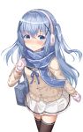  1girl absurdres bag bangs beige_jacket black_legwear blue_bag blue_eyes blue_hair blue_neckwear blue_ribbon blue_scarf blush buttons closed_mouth contrapposto cowboy_shot earmuffs eyebrows_visible_through_hair gochuumon_wa_usagi_desu_ka? hair_between_eyes happycloud highres kafuu_chino long_hair looking_at_viewer neck_ribbon one_side_up pleated_skirt ribbon sailor_collar scarf school_bag shoulder_bag simple_background skirt smile snowflake_print solo thighhighs very_long_hair white_background white_mittens white_skirt 