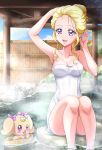  1girl arm_up armpits blonde_hair breasts cleavage collarbone fuurin_asumi hanzou healin&#039;_good_precure highres latte_(precure) medium_breasts naked_towel navel onsen precure shiny shiny_hair shiny_skin short_hair_with_long_locks sitting soaking_feet solo tied_hair towel 