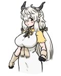  1girl acesrulez blush bow bowtie brown_eyes brown_neckwear collared_shirt commentary_request cowboy_shot dress extra_ears gloves hair_bow hair_over_one_eye kemono_friends long_dress long_hair neck_ribbon ox_ears ox_girl ox_horns ribbon shirt short_sleeves solo white_dress white_gloves white_hair yak_(kemono_friends) yellow_shirt 