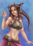  2020 brown_hair digital_media_(artwork) eyebrows eyelashes female green_eyes hair horn horned_humanoid humanoid midriff navel sabretoothed_ermine smile solo 