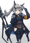  1girl animal_ears arknights collar grani_(arknights) grey_background grey_hair highres holding holding_weapon leg_armor long_hair long_jacket looking_at_viewer ponytail purple_eyes rez_(banco233) simple_background smile weapon 