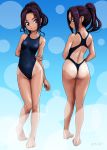  1girl arms_behind_back ass barefoot black_eyes black_hair blue_background blue_swimsuit commentary_request competition_swimsuit highres long_hair looking_at_viewer multiple_views one-piece_swimsuit one-piece_thong original ponytail rohitsuka standing swimsuit tan tanline 