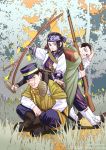  1girl 2boys ainu_clothes arisaka asirpa black_eyes black_hair blue_jacket blue_pants bolt_action bow_(weapon) carrying_over_shoulder cloak collared_jacket decoy00xx earrings facial_hair gaiters goatee golden_kamuy gun hair_slicked_back hair_strand hand_in_hair hat hood hooded_cloak hoop_earrings jacket jewelry kepi leaning_back long_sleeves military military_hat military_uniform multiple_boys ogata_hyakunosuke over_shoulder pants rifle scar scar_on_cheek scar_on_face short_hair smile stubble sugimoto_saichi undercut uniform weapon weapon_over_shoulder 