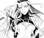  1boy ahoge androgynous eyeshadow fate/grand_order fate_(series) fingernails forehead_jewel furumi_showichi greyscale liquid long_hair looking_at_viewer makeup male_focus monochrome multicolored_hair qin_shi_huang_(fate/grand_order) revealing_clothes sharp_fingernails solo two-tone_hair upper_body very_long_hair 