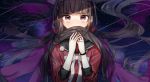  1girl bangs black_hair black_sailor_collar blunt_bangs blush brown_hair commentary_request covering_mouth danganronpa floating_hair hair_ornament hair_over_mouth hair_scrunchie harukawa_maki highres holding holding_hair jacket jacket_on_shoulders long_hair long_sleeves looking_at_viewer low_twintails mdr_(mdrmdr1003) mole mole_under_eye new_danganronpa_v3 own_hands_together pink_jacket red_eyes red_scrunchie red_shirt sailor_collar school_uniform scrunchie serafuku shirt skirt solo starry_background twintails upper_body 