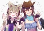  2girls :d ^_^ bandana bangs bare_arms bare_shoulders black_wings blue_shirt blush bracelet breasts brown_hair brown_headwear chest_tattoo cleavage closed_eyes commentary cowboy_hat eyebrows_visible_through_hair facing_viewer grey_background grin hair_between_eyes hands_up hat headphones jewelry kurokoma_saki long_hair multiple_girls off-shoulder_shirt off_shoulder open_mouth pointy_hair shirt short_hair short_sleeves simple_background sleeveless smile symbol_commentary syuri22 tattoo touhou toyosatomimi_no_miko upper_body wings 