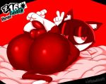  absurd_res anthro atlus balls bed better_version_at_source big_butt butt domestic_cat felid feline felis furniture genitals girly hi_res humanoid_genitalia humanoid_penis legs_up looking_at_viewer lying male mammal megami_tensei megami_tensei_persona morgana_(persona) nude on_back peace_symbol penis presenting presenting_hindquarters red_background red_body red_eyes simple_background solo video_games wit_1 witdrawsloods 
