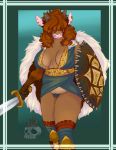 anthro big_breasts bovid bovine breasts brown_body brown_fur candlesstyx cattle cleavage clothed clothing ear_piercing female fur hair hair_over_eyes hi_res highland_cattle horn mammal melee_weapon orange_hair panties piercing shield skimpy solo standing sword underwear weapon 