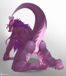  all_fours anthro butt claws dragon hair hi_res horn inkudoragoon long_hair male nude presenting presenting_hindquarters purple_hair raised_tail scalie slit solo 