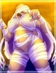  anthro bandage big_breasts big_ears breasts buckteeth camel_toe candlesstyx clothing female green_eyes hi_res lagomorph leporid long_ears mammal mummy_costume one_eye_obstructed panties rabbit scut_tail short_tail slightly_chubby solo standing teeth underwear 