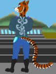  absurd_res anthro biker boots butt carnivoran clothing dalmas felid feline footwear hi_res male mammal muscular muscular_anthro muscular_male pantherine road shaigen_gurbadelen(oc) solo tiger tramway warrior 