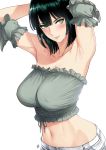  1girl armpits arms_up bangs bare_shoulders black_hair blush breasts closed_mouth collarbone detached_sleeves eyebrows_visible_through_hair frilled_sleeves frills fubuki_(one-punch_man) green_eyes hair_between_eyes highres large_breasts lips looking_at_viewer navel one-punch_man short_hair shorts simple_background smile solo strapless sweat white_background white_shorts xtermination 