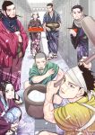  2girls 5boys alternate_costume aqua_kimono asirpa black_eyes black_hair blue_kimono bowl decoy00xx facial_hair goatee golden_kamuy hair_slicked_back hair_strand happi headband inkarmat japanese_clothes kimono kiroranke male_focus messy_hair multiple_boys multiple_girls ogata_hyakunosuke purple_kimono red_kimono sandals scar scar_on_arm scar_on_cheek scar_on_face scarf shiraishi_yoshitake short_hair stubble sugimoto_saichi tanigaki_genjirou undercut white_footwear yellow_kimono 