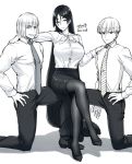  1girl 2boys bowl_cut character_request chichizuki_(manman-ya) dated greyscale long_hair looking_at_viewer monochrome multiple_boys necktie office_lady short_hair signature smile tagme 