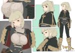  1girl armor black_gloves blonde_hair blush breasts brown_eyes capelet character_request closed_mouth copyright_request gloves green_capelet grey_sweater large_breasts looking_at_viewer man_(man-room) multiple_views ponytail pouch ribbed_sweater smile sweater undressing 