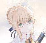  1girl ahoge artoria_pendragon_(all) bangs blonde_hair blue_ribbon braid braided_bun closed_mouth excalibur eyebrows_visible_through_hair fate/stay_night fate_(series) green_eyes hair_between_eyes hair_ribbon harukaze_(rori_0826) holding holding_sword holding_weapon portrait ribbon saber shiny shiny_hair shirt sidelocks solo sword weapon white_background white_shirt 