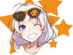  1girl ahoge ayakura_juu blue_eyes braid collarbone commentary eyewear_on_head grin kizuna_akari looking_at_viewer one_eye_closed portrait smile solo star_(symbol) star_print sunglasses symbol_commentary twin_braids voiceroid white_background white_hair 