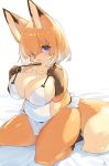  2020 4_fingers anthro barefoot bed bed_sheet bedding belly big_breasts biped blonde_hair blue_eyes blush breasts brown_body brown_fur brown_nose canid canine chest_tuft claws cleavage clothed clothing clothing_pull curvy_figure dipstick_ears dipstick_tail eye_through_hair eyelashes feet female fingers fluffy fluffy_tail fox full-length_portrait fur furniture glistening glistening_body glistening_fur glistening_hair gloves_(marking) hair hair_over_eye hi_res huge_breasts kemono kishibe kneeling leg_markings looking_at_viewer mammal markings monotone_hair multicolored_body multicolored_ears multicolored_fur multicolored_hair multicolored_tail navel on_bed one_eye_obstructed orange_body orange_fur pawpads pink_pawpads portrait short_hair simple_background skimpy slightly_chubby socks_(marking) solo tan_body tan_fur thick_thighs toe_claws toes translucent translucent_hair tuft two_tone_tail voluptuous white_background white_clothing white_hair 