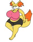  anthro big_breasts black_bottomwear black_bra black_clothing blue_eyes bottomwear breasts canid canine clothed clothing featureless_breasts female fennekin fluffy fluffy_tail fox fur hi_res inner_ear_fluff luxythesheep mammal nintendo paws pink_clothing pink_topwear pok&eacute;mon pok&eacute;mon_(species) smile solo topwear tuft video_games wide_hips yellow_body yellow_fur 