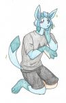  anthro blue_body blue_fur blush bottomwear clothing eeveelution fur fur_growth glaceon growth hi_res human human_to_anthro male mammal nintendo pok&eacute;mon pok&eacute;mon_(species) rainbowraven solo species_transformation tail_growth topwear traditional_media_(artwork) transformation video_games 