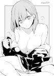  artist_name bare_shoulders blush breasts butterfly_sitting character_request cleavage copyright_request ear_piercing greyscale jacket kichihachi large_breasts monochrome naked_jacket piercing short_hair sitting sleeves_past_fingers sleeves_past_wrists smile twitter_username 