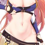  1girl arknights bagpipe_(arknights) bagpipe_(whistlewind)_(arknights) bare_shoulders black_gloves breasts cleavage commentary_request crop_top fingerless_gloves gloves groin head_out_of_frame highres large_breasts long_hair long_sleeves midriff navel nipple_slip nipples orange_hair partial_commentary ruyouguizhu simple_background solo stomach upper_body very_long_hair white_background 