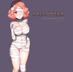  1girl bandage_over_one_eye bandages bangs breasts brown_eyes character_name cleavage covered_navel halloween halloween_costume highres light_brown_hair looking_at_viewer medium_breasts medium_hair mummy_costume naked_bandage okumura_haru open_mouth parted_bangs persona persona_5 purple_background simple_background solo standing twitter_username yaoto 