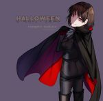  1girl black_cape black_footwear black_gloves black_jacket black_pants boots braid brown_hair cape character_name closed_mouth crown_braid eyebrows_visible_through_hair fang fang_out gloves halloween highres jacket looking_at_viewer looking_back niijima_makoto pants persona persona_5 purple_background red_eyes shiny shiny_hair short_hair simple_background smile solo standing thigh_boots thighhighs twitter_username vampire vampire_costume yaoto 