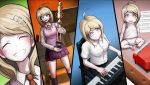  1girl ahegao akamatsu_kaede baby barefoot blonde_hair closed_eyes danganronpa excited grand_piano highres holding_trophy instrument musical_note necktie new_danganronpa_v3 official_art orange_neckwear piano sheet_music shirt sitting sitting_on_floor smile trophy younger 