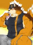  abs absurd_res anthro barrel_(live-a-hero) blush bodily_fluids bottomwear bulge can canid canine canis clothing drinking hat headgear headwear hi_res inuyama_kensin live-a-hero male mammal muscular muscular_anthro muscular_male pecs shirt shorts solo sweat tank_top topwear wolf 