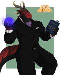  1ceberg absurd_res anthro antlers book bulge claws clothing dragon hi_res horn humanoid magic male muscular muscular_male pecs purple_eyes reading red_body red_skin scalie solo spikes standing stripes suit tight_clothing 