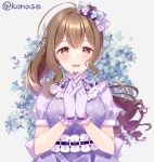  1girl ahoge bow brown_eyes brown_hair commentary_request dress flower frilled_gloves frills gloves hair_bow hair_flower hair_ornament hands_clasped highres idolmaster idolmaster_shiny_colors interlocked_fingers konase_(non_stop!) kuwayama_chiyuki long_hair looking_at_viewer own_hands_together polka_dot polka_dot_dress polka_dot_gloves ponytail puffy_short_sleeves puffy_sleeves purple_bow purple_dress purple_gloves ringlets short_sleeves solo upper_body 