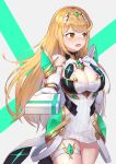  1girl absurdres bangs blonde_hair breasts chest_jewel cleavage cleavage_cutout clothing_cutout commentary_request elbow_gloves gem gift giving gloves headpiece highres large_breasts leg_garter long_hair looking_to_the_side mythra_(xenoblade) open_mouth solo swept_bangs white_gloves xenoblade_chronicles_(series) xenoblade_chronicles_2 yellow_eyes zekken 