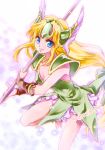  1girl armor bangs blonde_hair blue_eyes breasts bridal_gauntlets cleavage closed_mouth crosstear floating_hair holding holding_polearm holding_weapon long_hair looking_at_viewer medium_breasts miniskirt pleated_skirt polearm riesz saint_seiya seiken_densetsu seiken_densetsu_3 shiny shiny_hair shoulder_armor skirt smile solo standing standing_on_one_leg twitter_username very_long_hair weapon white_background white_skirt 