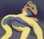  absurd_res anthro anus blue_eyes breasts butt female genitals hi_res horn kobold lizard looking_at_viewer looking_back lying maxmushroom nipples non-mammal_breasts nude on_side presenting pussy reptile scalie solo yellow_body 