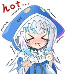  &gt;_&lt; ... 1girl animal_hood bangs blue_hair blue_hoodie blue_nails blush chibi closed_eyes drawstring eating english_text eyebrows_visible_through_hair facing_viewer food_in_mouth furrowed_eyebrows gawr_gura hands_up hololive hololive_english hood hood_up hoodie long_hair long_sleeves multicolored_hair nail_polish nose_blush pink_hair sho_(runatic_moon) sidelocks simple_background sketch solo spicy streaked_hair sweatdrop tears trembling upper_body virtual_youtuber wavy_mouth white_background white_hair 