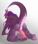  all_fours anthro anus bodily_fluids butt claws dragon erection foot_fetish foot_play footjob genital_fluids hair hi_res horn inkudoragoon long_hair male nude precum presenting presenting_anus presenting_hindquarters purple_hair raised_tail scalie sex slit solo 