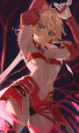  1girl abs absurdres armpits arms_up bandeau bangs bare_shoulders blonde_hair breasts clarent detached_collar fate/apocrypha fate_(series) faulds green_eyes grin hair_ornament hair_scrunchie highres lightning long_hair looking_at_viewer mordred_(fate) mordred_(fate)_(all) navel parted_bangs ponytail red_scrunchie scrunchie sidelocks small_breasts smile sword thighs weapon you-6-11 