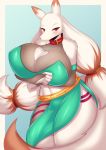  anthro big_breasts biped bottomwear breasts canid canine clothed clothing female fox fur hair hi_res long_hair mammal solo tailzkim topwear white_body white_fur 
