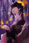  1girl absurdres black_hair black_jacket blurry blurry_background blurry_foreground bug butterfly butterfly_hair_ornament closed_mouth flower hair_intakes hair_ornament haori highres insect jacket japanese_clothes kimetsu_no_yaiba kochou_shinobu long_sleeves looking_down purple_background purple_eyes saba_shiono0141 shiny shiny_hair short_hair smile solo standing upper_body wisteria 