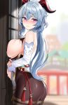  asian_clothes ass ganyu_(genshin_impact) genshin_impact horns lactation no_bra pantyhose shengtian torn_clothes 