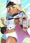  1girl akisa_(12023648) bandaged_arm bandages blonde_hair breasts dark_skin guilty_gear guilty_gear_strive happy hat looking_at_viewer navel ramlethal_valentine shorts small_breasts smile toned white_headwear yellow_eyes 