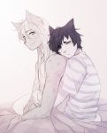  2018 anthro black_hair blue_eyes clothed clothing domestic_cat duo felid feline felis fumiko fur great_troubles grey_body grey_fur grey_spots grey_stripes hair hazukashii_team hi_res hug hugging_from_behind kurt_(rkt) long_hair looking_at_another looking_back male mammal pattern_clothing pattern_shirt pattern_topwear pink_nose romantic seth_(fumiko) shirt simple_background smile spots stardust_kids striped_clothing striped_shirt striped_topwear stripes topless topwear video_games visual_novel white_background white_body white_fur white_hair 