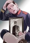  1boy black_eyes black_hair blue_jacket blue_pants collared_jacket crossed_legs decoy00xx expressionless facial_hair gaiters goatee golden_kamuy hair_slicked_back hair_strand hanazawa_yusaku hand_on_own_head head_tilt jacket long_sleeves male_focus military military_uniform ogata_hyakunosuke pants photo_(object) scar scar_on_cheek scar_on_face short_hair solo stubble undercut uniform 