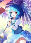  1girl :d bangs blue_eyes blue_hair blue_skirt blue_vest blurry blush commentary_request contrapposto cowboy_shot depth_of_field eyebrows_visible_through_hair falling_petals flower geta hanging_plant heterochromia highres holding holding_umbrella juliet_sleeves karakasa_obake long_sleeves looking_at_viewer open_mouth petals pink_flower puffy_sleeves rain red_eyes shiny shiny_hair shirt short_hair skirt smile socks solo standing tatara_kogasa thighs touhou umbrella vest water_drop white_shirt yuujin_(yuzinn333) 