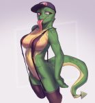  2020 anthro areola breasts clothing female genitals green_body hat headgear headwear hi_res lizard maxmushroom navel non-mammal_breasts pink_tongue portrait pussy reptile scalie simple_background solo teeth three-quarter_portrait tongue tongue_out 