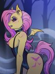  2020 anthro areola breasts clothed clothing cutie_mark detailed_background digital_media_(artwork) eyebrows eyelashes female flutterbat_(mlp) fluttershy_(mlp) forest friendship_is_magic hair hi_res my_little_pony night nipples outside pink_hair solo standing tree trixythespiderfox 