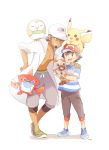  artist_name bangs baseball_cap beard black_eyes black_hair blue_eyes blush_stickers bracelet brown_eyes brown_hair collarbone creatures_(company) dark_skin dark_skinned_male eye_contact eyebrows_visible_through_hair eyes_closed facial_hair fangs full_body game_freak gen_1_pokemon gen_7_pokemon green_footwear grey_pants grin hand_on_another&#039;s_shoulder hand_on_another's_shoulder hand_on_hip happy hat heel_up highres holding holding_pokemon jewelry jpeg_artifacts kukui_(pokemon) looking_at_another mei_(maysroom) navel nintendo one_eye_closed open_mouth pants pikachu poke_ball_theme pokemon pokemon_(anime) pokemon_(creature) pokemon_on_head pokemon_on_shoulder pokemon_sm_(anime) rockruff rotom rotom_dex rowlet satoshi_(pokemon) shoes short_hair signature simple_background smile standing teeth white_background white_coat white_hat wink z-ring 