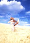 :d animal_ears blue_sky blush breasts brown_eyes brown_hair cloud collarbone day field holo long_hair looking_at_viewer medium_breasts navel no_nipples nude open_mouth outdoors running sky smile solo spice_and_wolf stomach straw_(stalk) tail wander_(cordabyss) wolf_ears wolf_tail 
